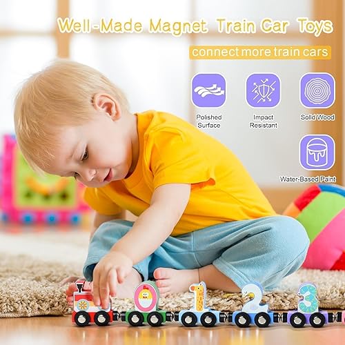 Miniatura 7 de Juguetes para niños pequeños, juego de 12 pistas de tren magnético de madera con diseños animales y digitales, juguete educativo Montessori para