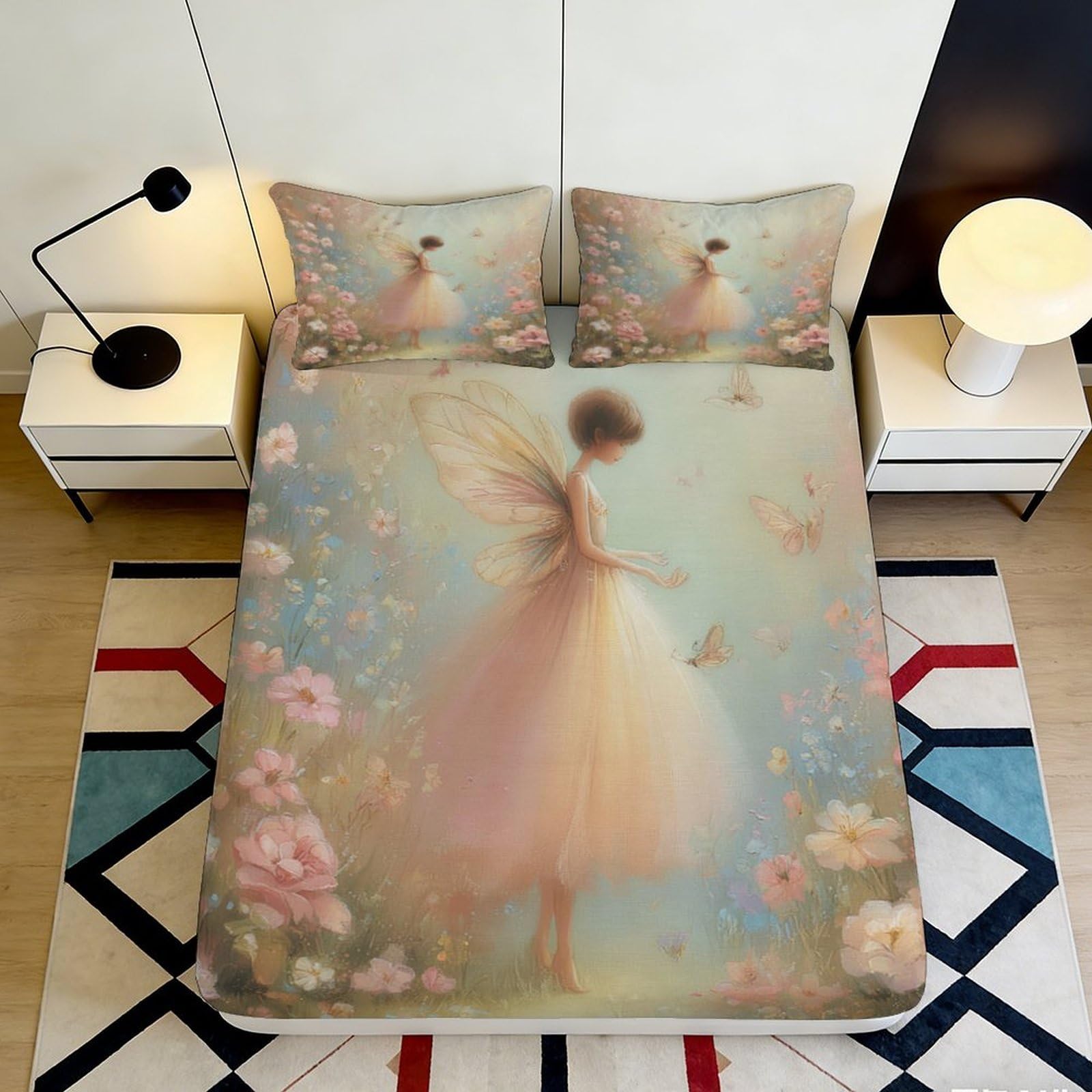 3D Printed Fairy Flower Fitted Sheet Microfiber Soft Breathable Butterfly Garden Mattress Cover for Bedroom Dorm Decor 160x200x25cm