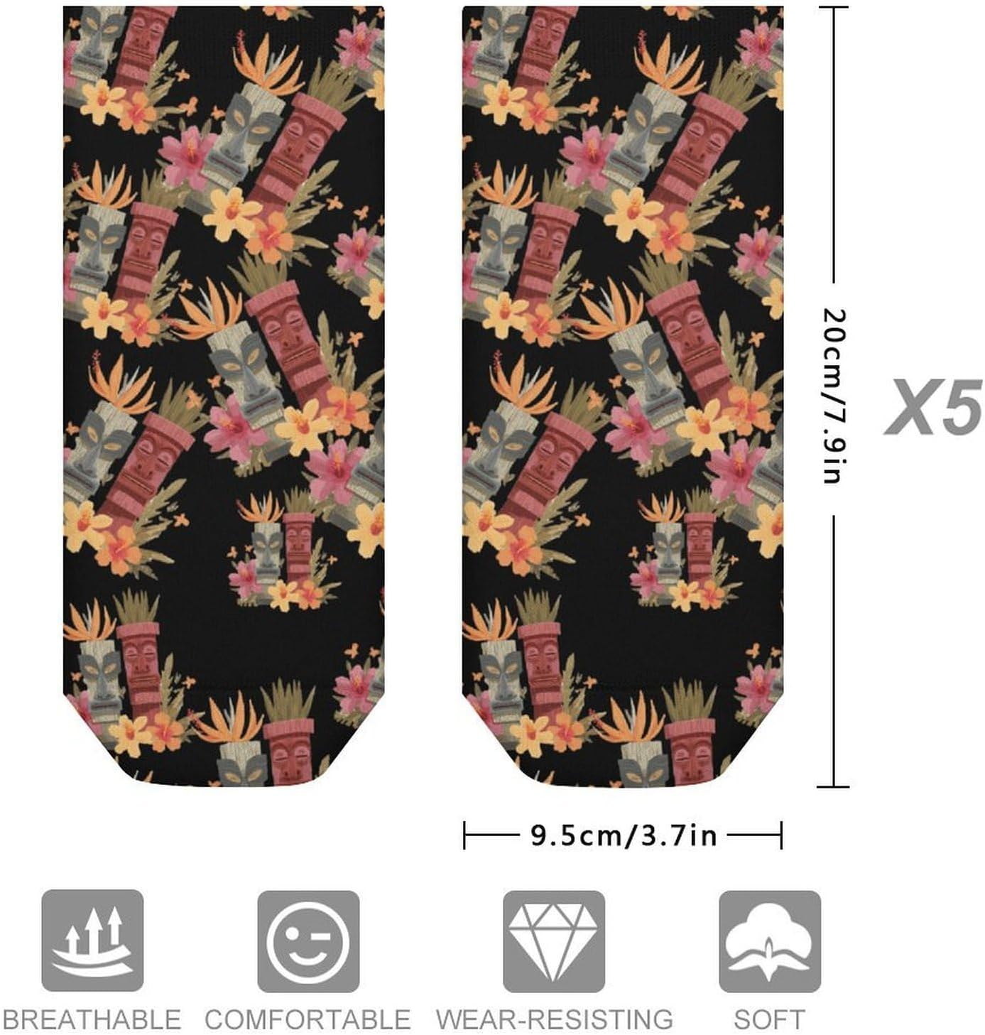 Hawaii Tiki Euclidean No Show Ankle Socks Low Cut Non Slip Flat Boat Line 5 Pairs Set