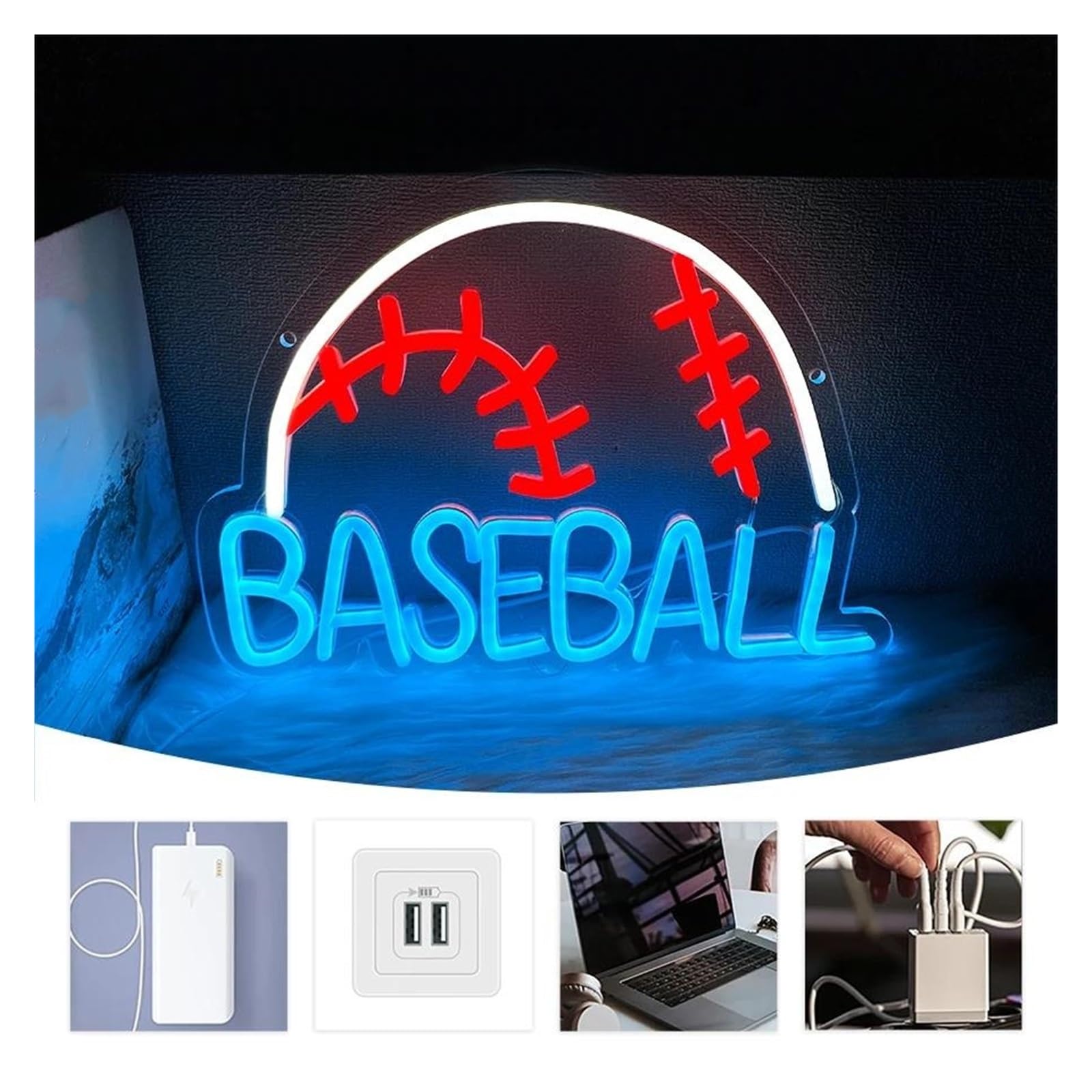 Luces de neón Letrero De Neón Baseball Con Luz Deportiva, Alimentación Por USB, Ideal Para Gimnasios, Negocios, Dormitorios, Decoración De Pared 33.5cmx25.4cm