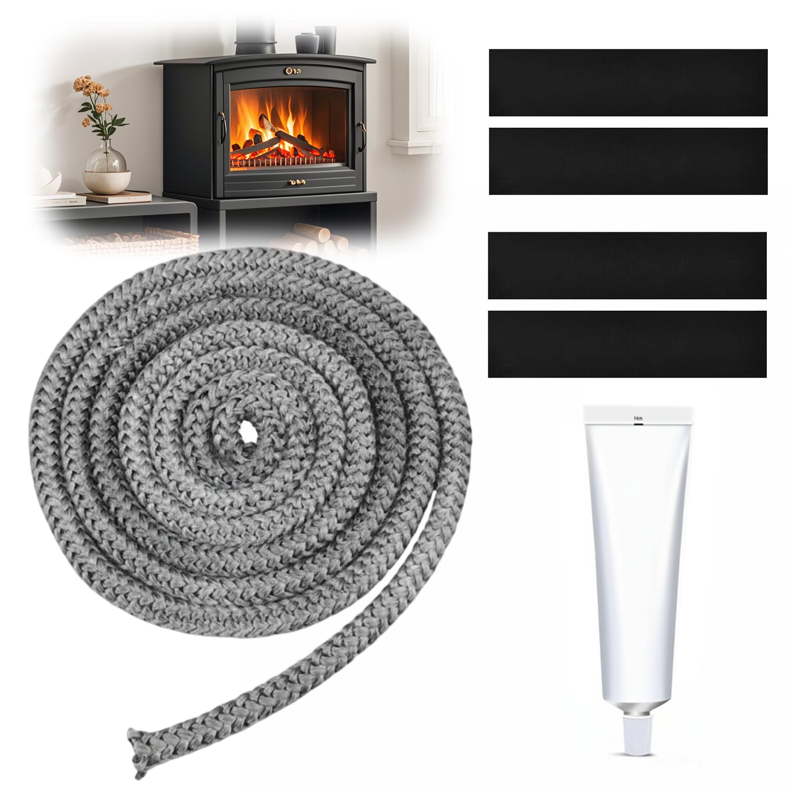 Φ14mm x 3M Junta Refractaria Chimenea, Cuerda de Sellado de Fibra de Vidrio para Chimenea, Cordón de Sellado para Chimenea, Junta de Cuerda para Estufas de Leña con Pegamento Ignífugo y 4 Cinta Final