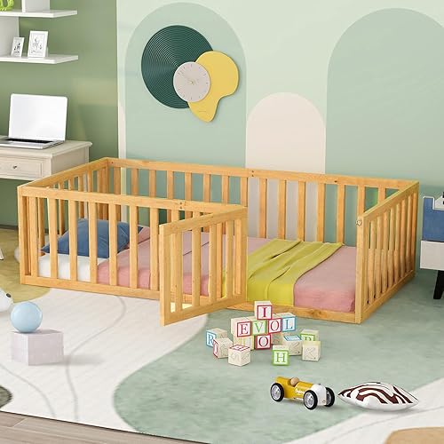 i-POOK Cama de suelo Montessori de tamaño individual para niños, marco de cama Montessori de madera maciza con valla y puerta, cama de piso