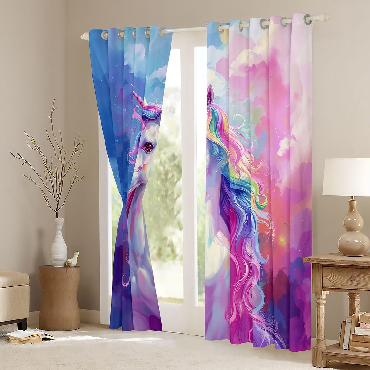 Manfei Lot de 2 rideaux de fenêtre à motif licorne mignonne, cheval, thème animal, décoration de chambre d'enfant, garçons et filles, rideaux à œillets pour chambre à coucher, 167 x 228 cm