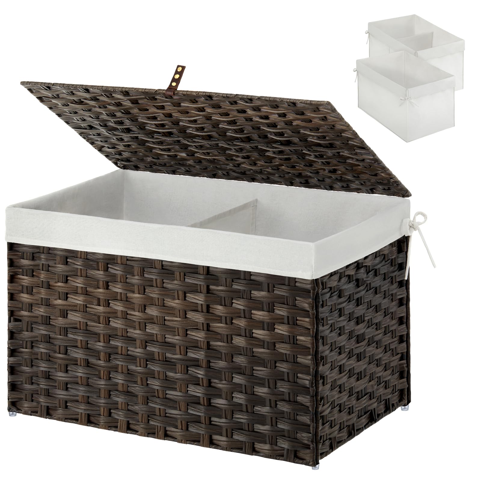 GREENSTELL Storage Basket with Lid, 17.2 Gallon(65L) Small Wicker Blanket Storage Basket with Handles, Foldable, 2 Removable Liner Bags, Metal Frame, for Bedroom, Laundry Room, Brown,22.2"*13.4"*13.4"