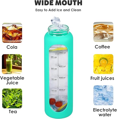 Miniatura 4 de Botellas de agua de vidrio de 32 onzas con funda de silicona, botellas de hidratación para beber, reutilizables, sin BPA, borosilicato, boca ancha,