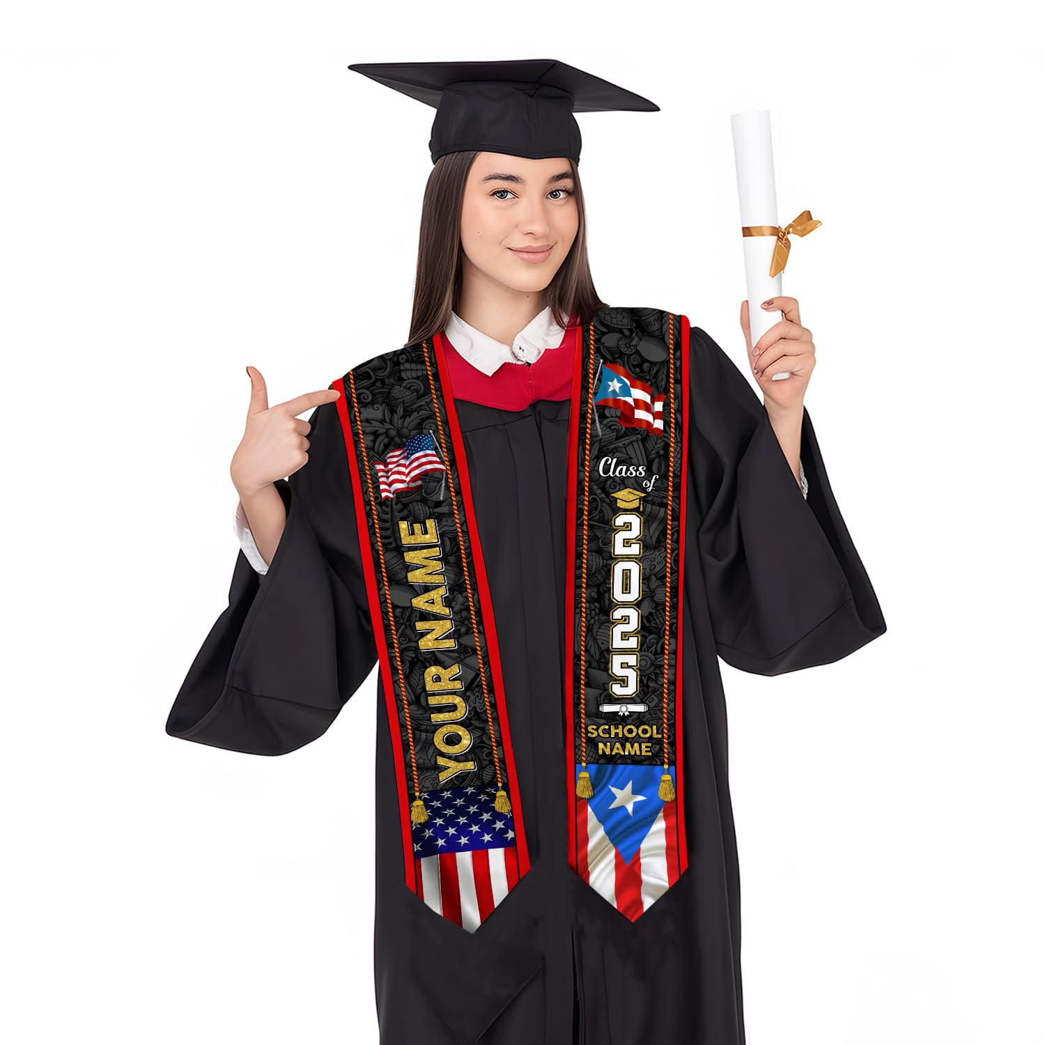 MonkeyVan Personalized Puerto Rico Graduation Sash 2025, Custom Puerto Rican American Flag Graduation Stole Class of 2037 S165