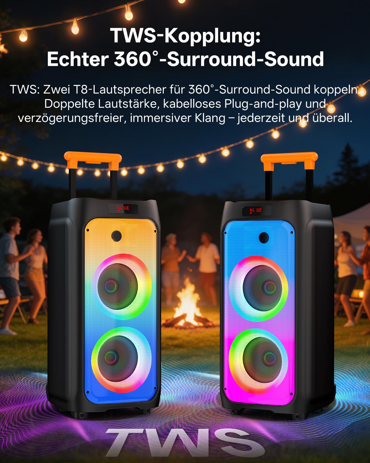 JYX Karaoke Anlage mit 2 drahtlosen Mikrofonen, Bluetooth Party Lautsprecher mit Rädern, Disco Lichtern und Subwoofer, 500W PA System für Party, Outdoor und Karaoke, TWS/SD/USB/AUX/Rec
