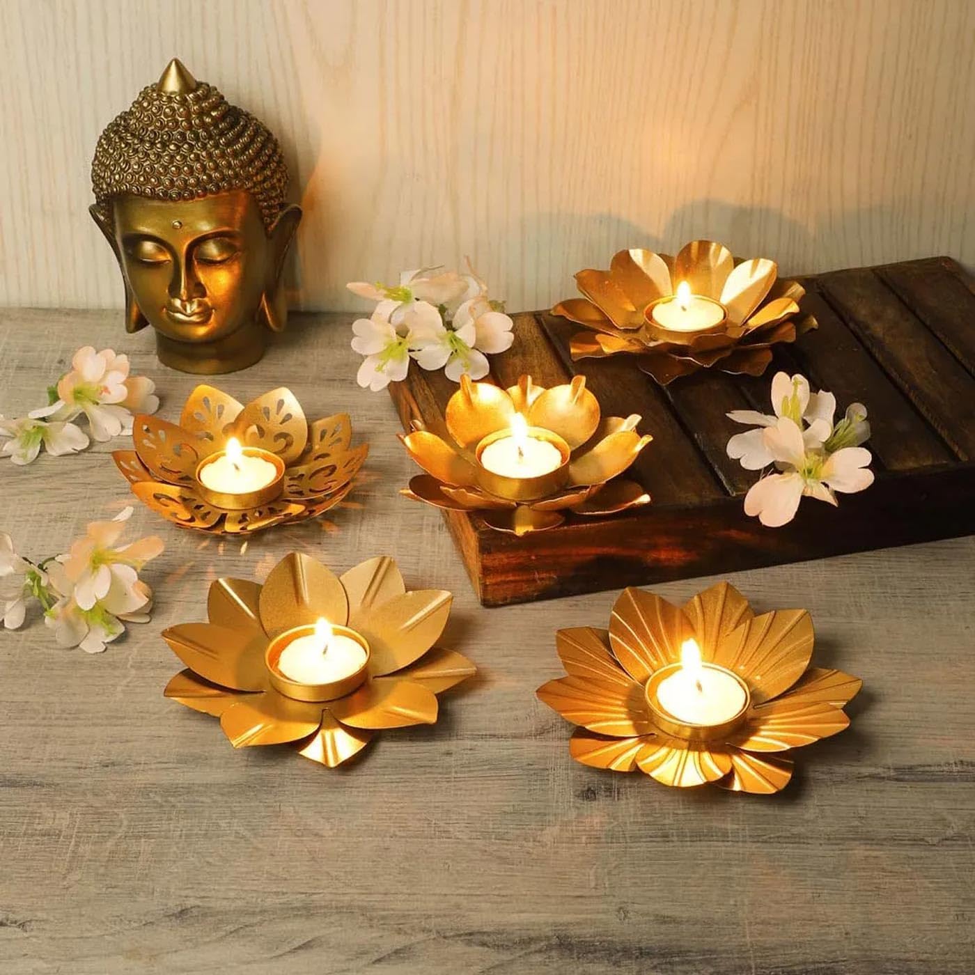 Lotus Flower Decorative Tealight Holder Handcrafted - Perfect for Diwali, Religious Ceremonies, Home, Living Room, Office Decor. Festive Decor Diya with Free T-Light Candles (Set of 5)