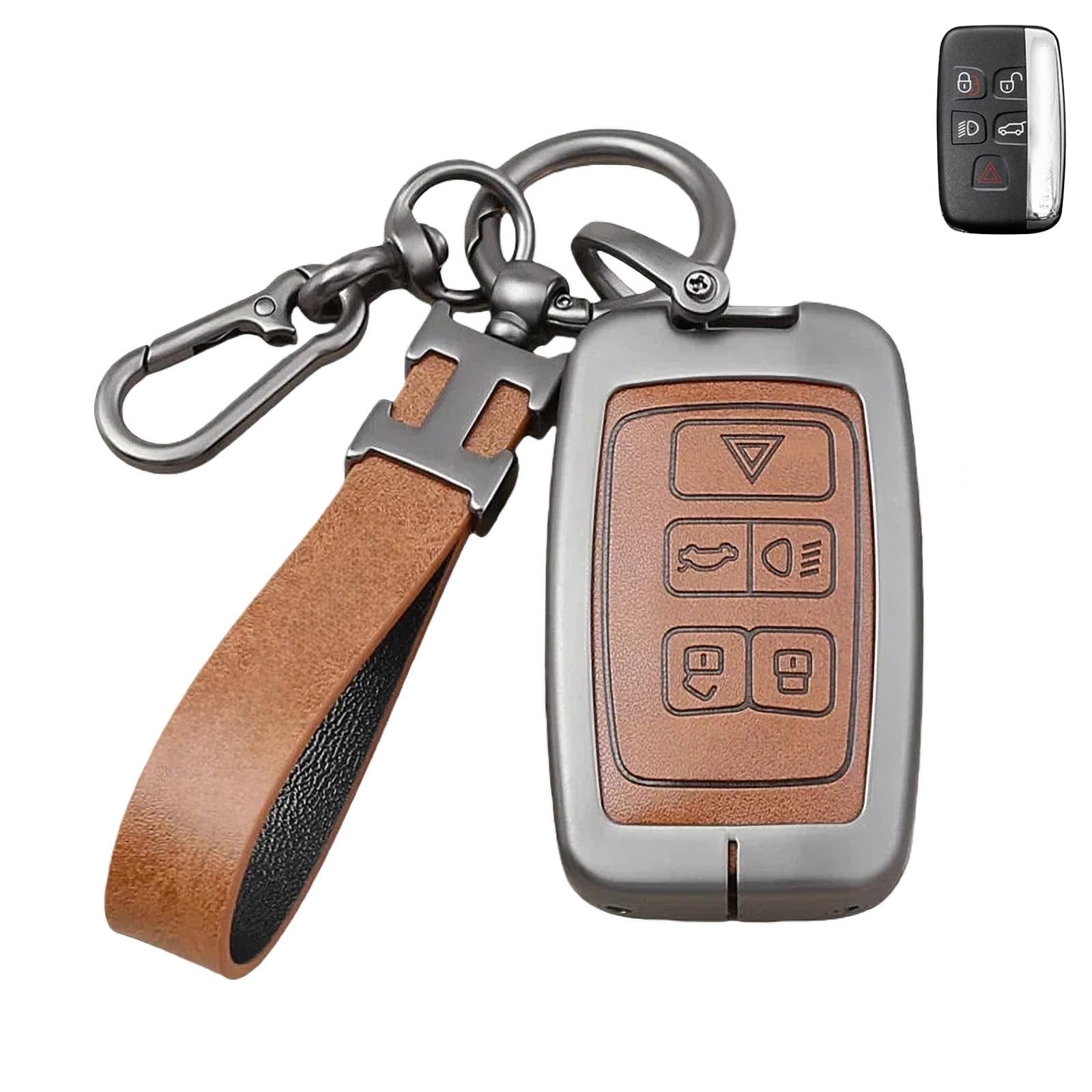 Brązowy pokrowiec na kluczyki samochodowe kompatybilny z Land Range Rover Evoque Sport Velar Jaguar XF XJ XJL F-pace XE E-Pace Discovery LR4 Vogue 5-przyciskowy inteligentny brelok kluczy, etui na