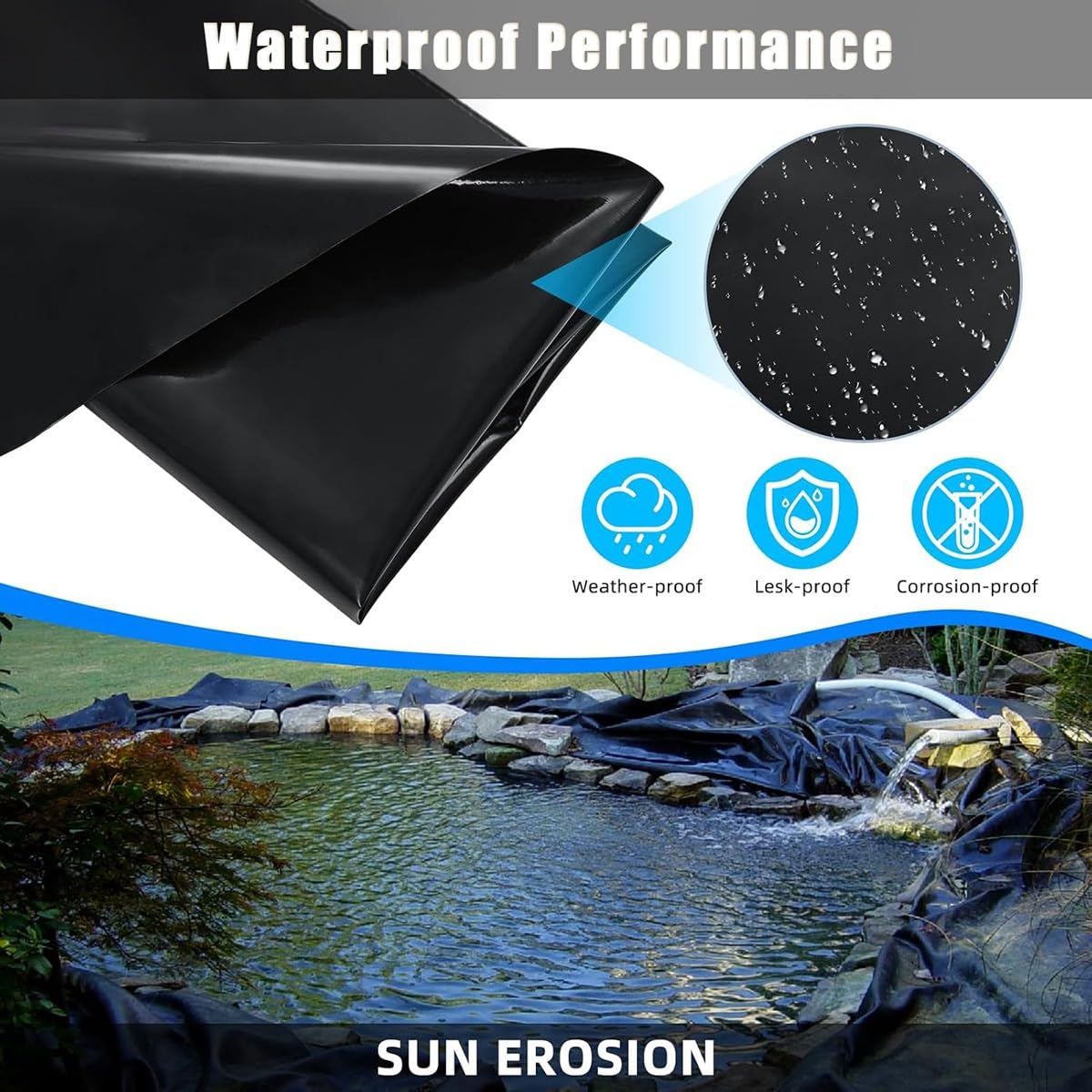 Bâche flexible pour étangs à carpes koï et cascades - Sans danger pour les poissons et les plantes - Caoutchouc très résistant - Idéal pour les étangs de jardin - Disponible en 3 m x 4 m - 5 m x 6 m