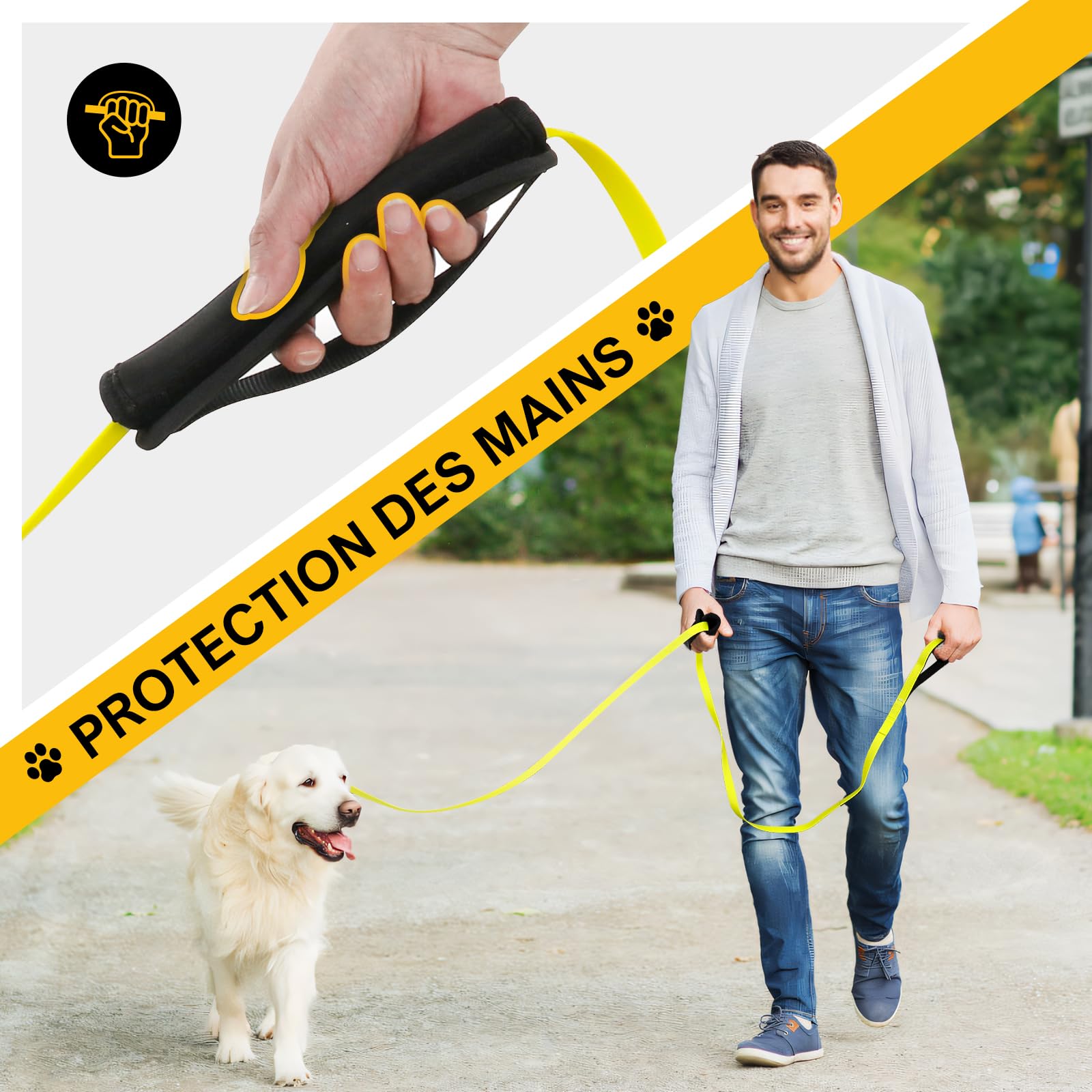 Longe pour Chien 10m, Laisse Chien avec Deux Poignées, Sac de Rangement Longue Corde, Laisses de Dressage pour Chiens Solide, Laisse pour Chiot/Gros/Petit (Jaune-Vert 01, 15m)