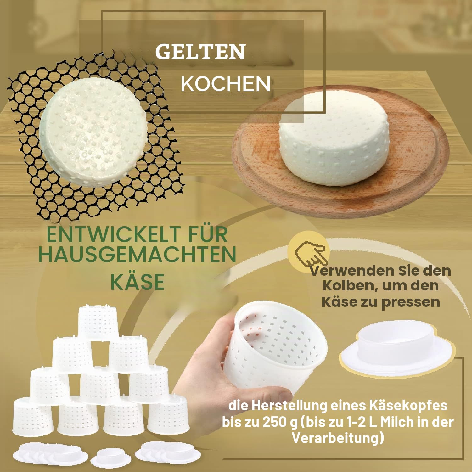 10 Stück Käseformen + Kolben – Basic Käseform 300 ml + Follower Kolben – Käseherstellungsset mit Kolben – Käseform für die Käseherstellung – Käse-Set für Presse