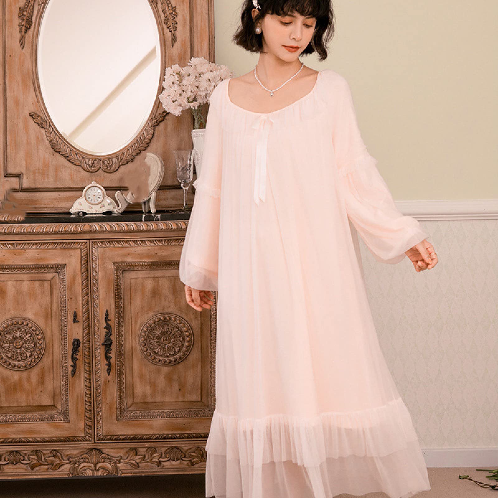 OFFSUM Camicia da Notte Donna - Primavera Autunno Tinta Unita Camicia da Notte Elegante Pizzo Mesh Retro Princess Camicia da Notte Comodo Pigiameria Traspirante Abbigliamento