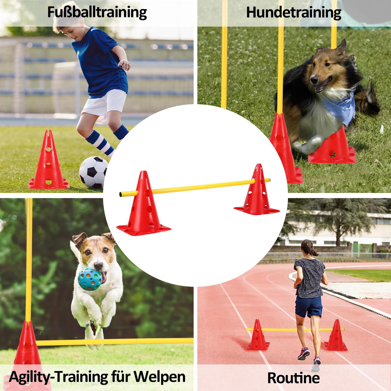 Steckhürdenset 12 Kegel mit 6 Stangen, Agility Hürden Steckhürden Set, Koordinationstraining für Kinder Hunde Teamsport Fussball, Multifunktionskegel, für Fußball, Hundesport