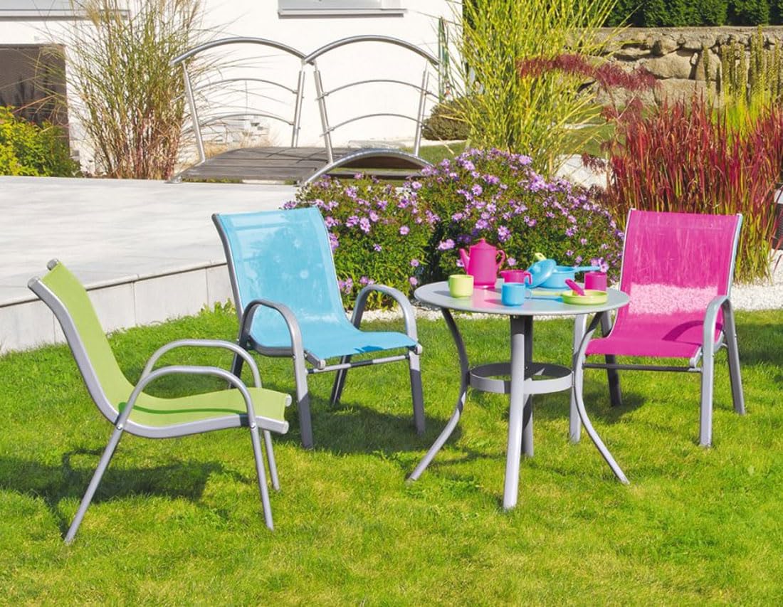 Hline Kinder Sitzgruppe Tisch + Gartenstuhl Stühle Sessel aus Metall Kinderstuhl in an Out (1 Tisch 4 Stühle rosa)