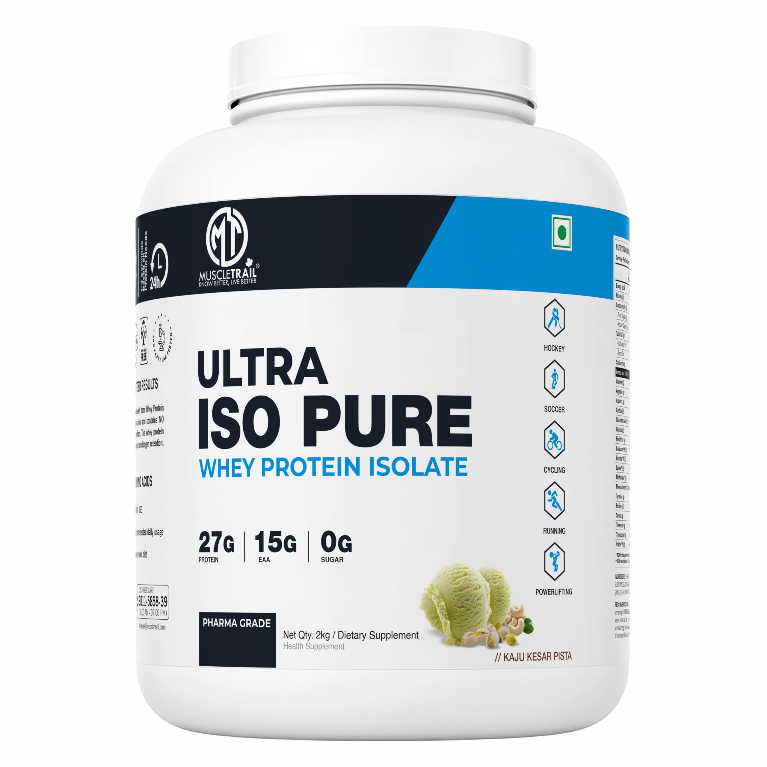 [BRSRAEDROYCWCDQ7] MuscleTrail 100% Whey Protein Isolate, Pharma Grade,65 Servings, 27g Protein, 15g EAA, 0g Sugar (2KG, kesar kaju pista)