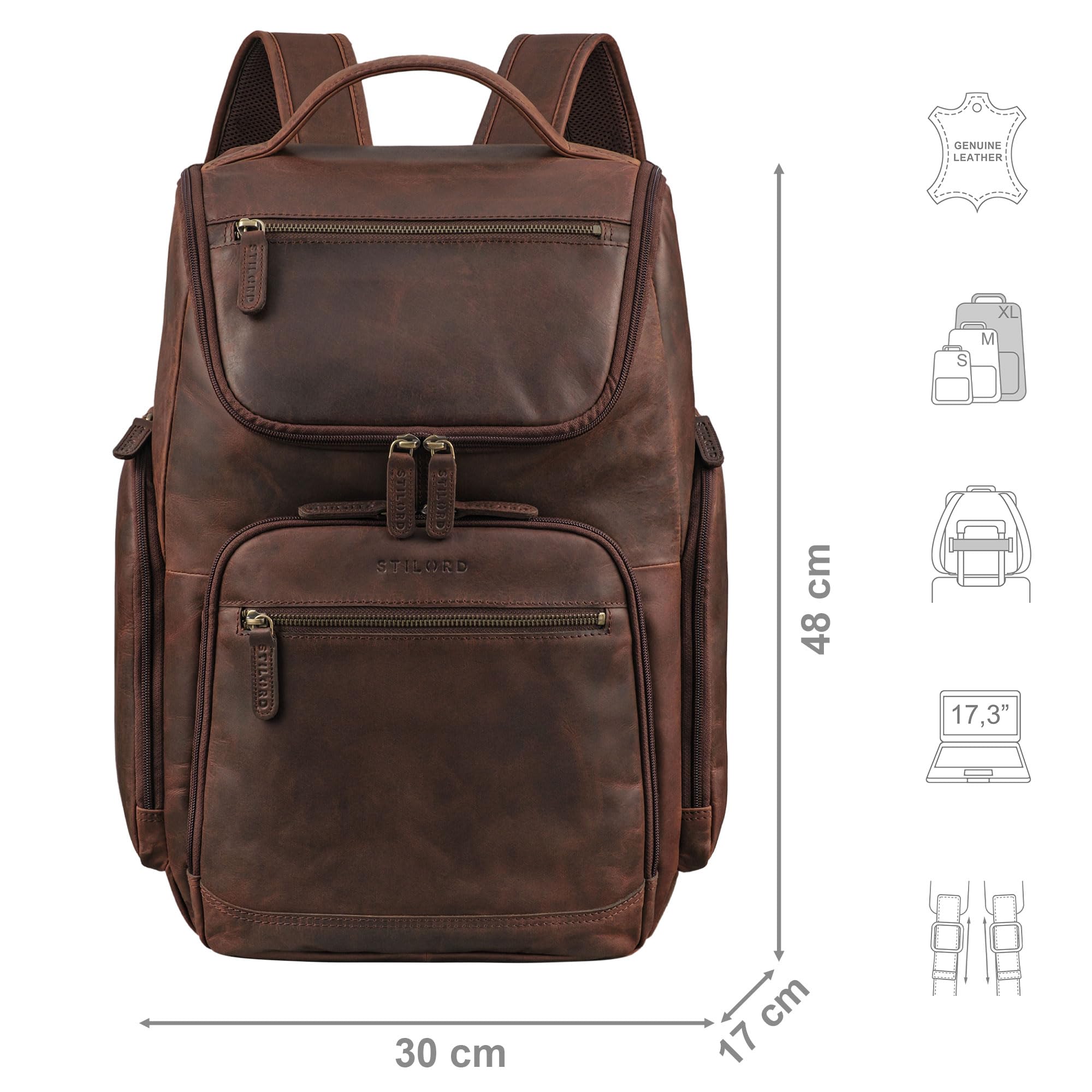 STILORD 'Reggie' XL Leder Rucksack Herren Laptop Rucksack 15-17 Zoll Business Backpack Groß Atmungsaktiv Lederrucksack Vintage für Reisen Arbeit Büro