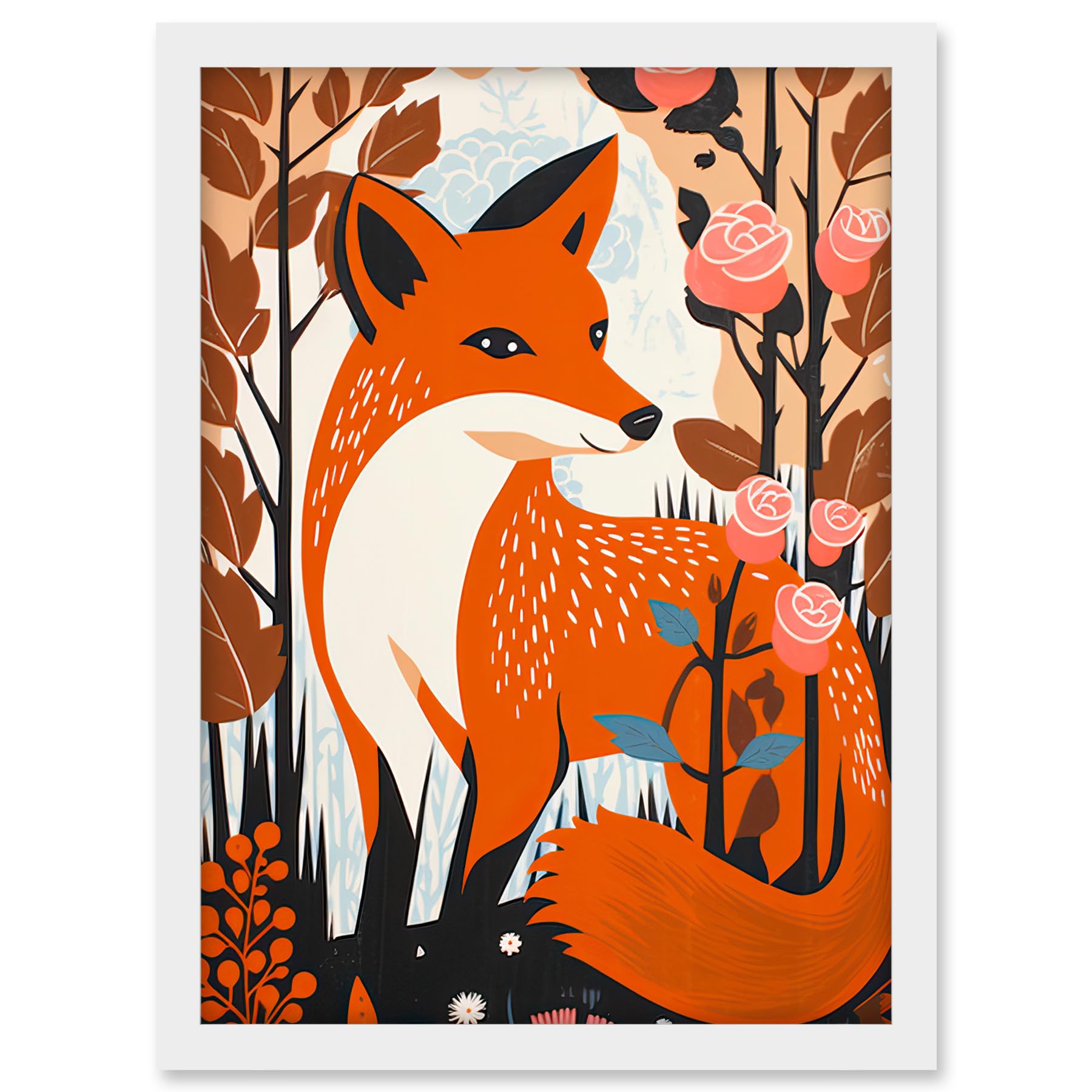 Artery8 The Fox and Rose Bush Pastel Colour Autumn Forest Landscape Flowers Artwork Framed A3 Wall Art Print