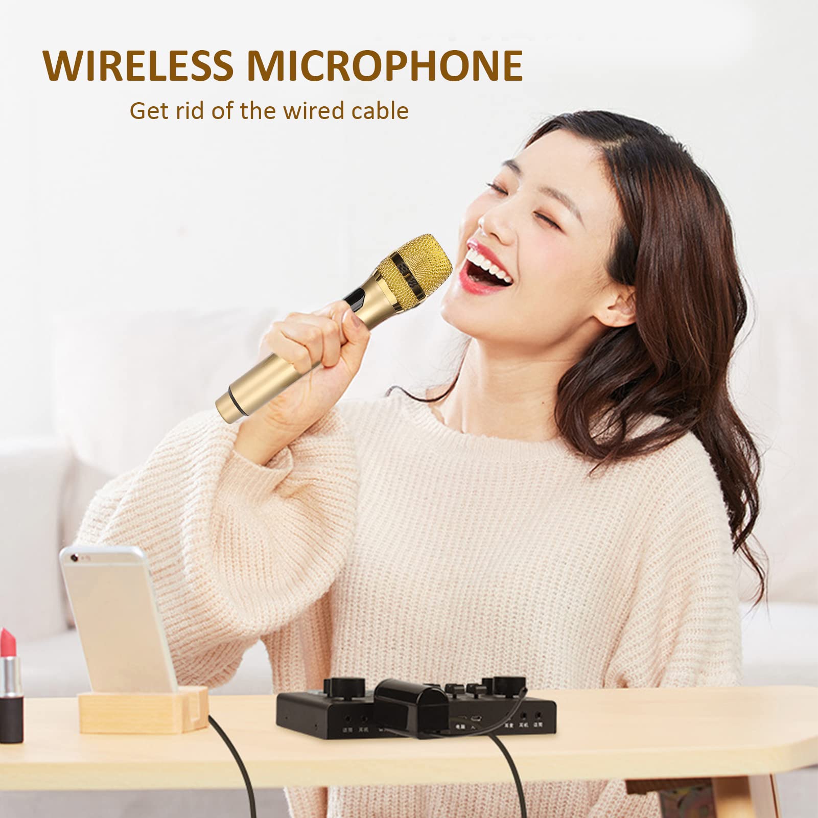 Yunseity Microfono Wireless, Microfono Dinamico Portatile per Karaoke con Schermo a LED, Microfonico Portatile con Ricevitore, per Casa, Feste, Canto, All'aperto(Oro)