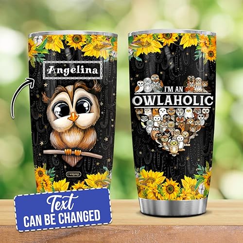 Miniatura 2 de Regalos de búhos, vaso de café personalizado con diseño de búho de girasol de 20 onzas, 30 onzas, vasos aislados de acero inoxidable, taza de viaje
