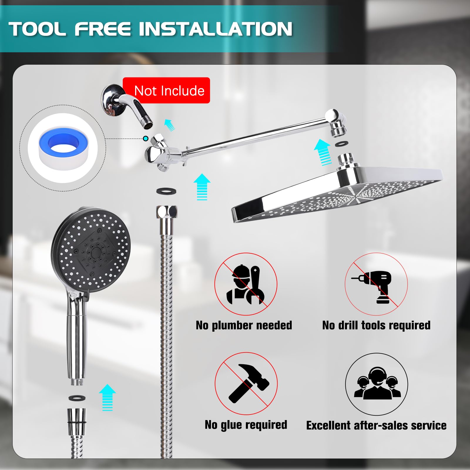 Soffione doccia filtrato 35,5 cm ad alta pressione con braccio deviatore a 3 vie, soffione doccia a pioggia con 10 spruzzi d'acqua portatile, soffione doccia regolabile con ugelli