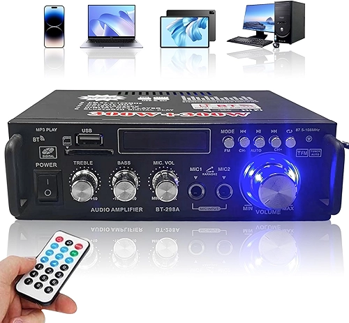 Amplificador de Som, Receiver Amplificador de Voz Áudio Digital Bluetooth 5.0, 300W+300W, Rádio FM Estéreo, Entrada AC 110V/DC12V