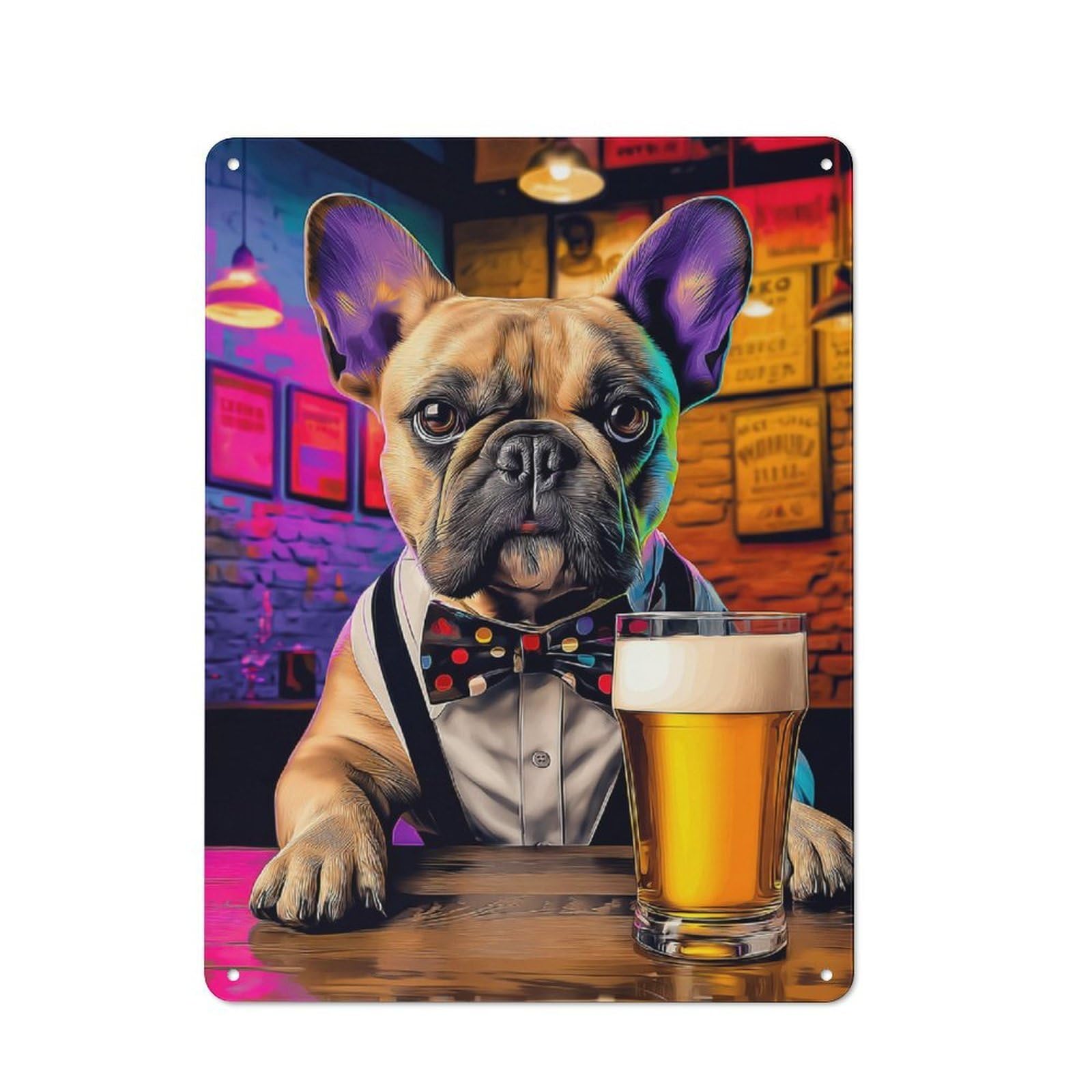 Junmoney French Bulldog Enjoying A Pint -1 Retro Metal Wall Sign 40X30cm For Café Or Home Bar, For Home Bar Enthusiasts, For Retro Home Interiors