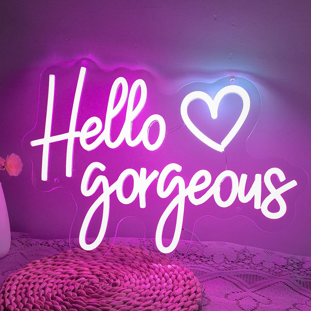 Hello Gorgeous Neon Sign Pink Hello Beautiful LED Neon Lights with Dimmable Switch for Wall Decor Home Wedding Birthday Backdrop Girls Bedroom, Makeup Room Decor