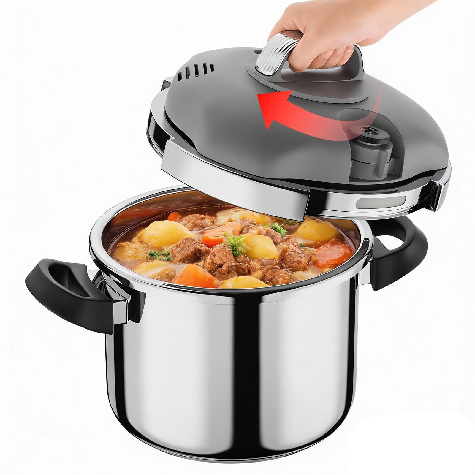 Pressure Cooker Stainless Steel,One-Hand Locking/Rotating Lock,Compatible with Gas & Induction, Fast Cooking for Large Meals,Dishwasher Safe,Olla de Presion (7 Quarts)