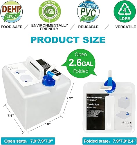 Miniatura 2 de kaltagled Contenedor de agua plegable para campamento, 2.6 galones, sin BPA, contenedores de almacenamiento de agua de emergencia con grifo, jarra