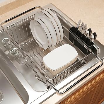 JASIWAY Dish Drying Rack in Sink, Expandable Stainless Steel Dish Drainers for Kitchen Counter, Dish Dryer Rack for Inside Sink, Over The Sink Dish Racks with Utensil Holder, Light Gray