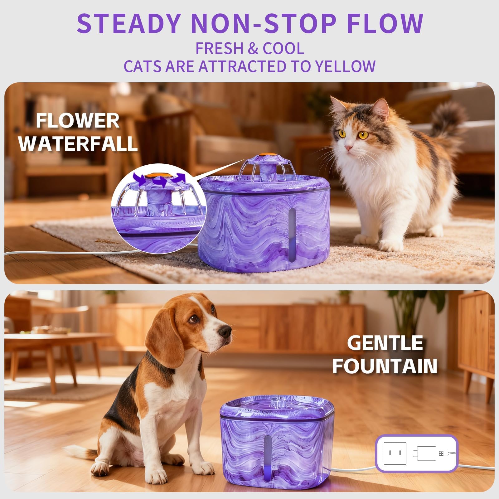 Fuente de agua para gatos morada: fuente de agua automática para mascotas para gatos de interior, 84 onzas/2.5 L, bonita fuente para gatos para beber, luz azul LED, bomba ultra silenciosa mejorada
