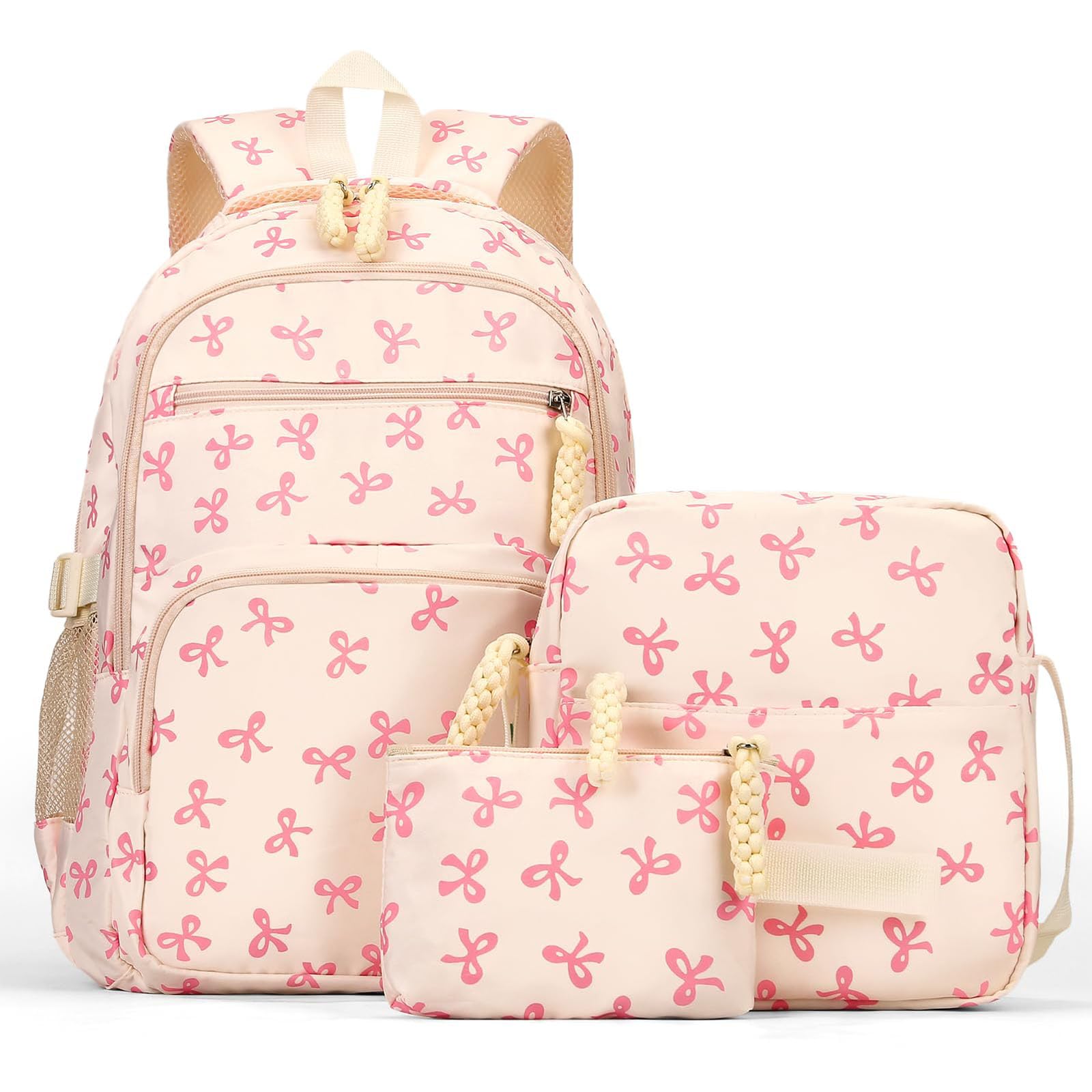 Pink Bow Backpack with lunch box, Preppy Backpack for Girls, Cute Kawaii Back pack Set (#9)