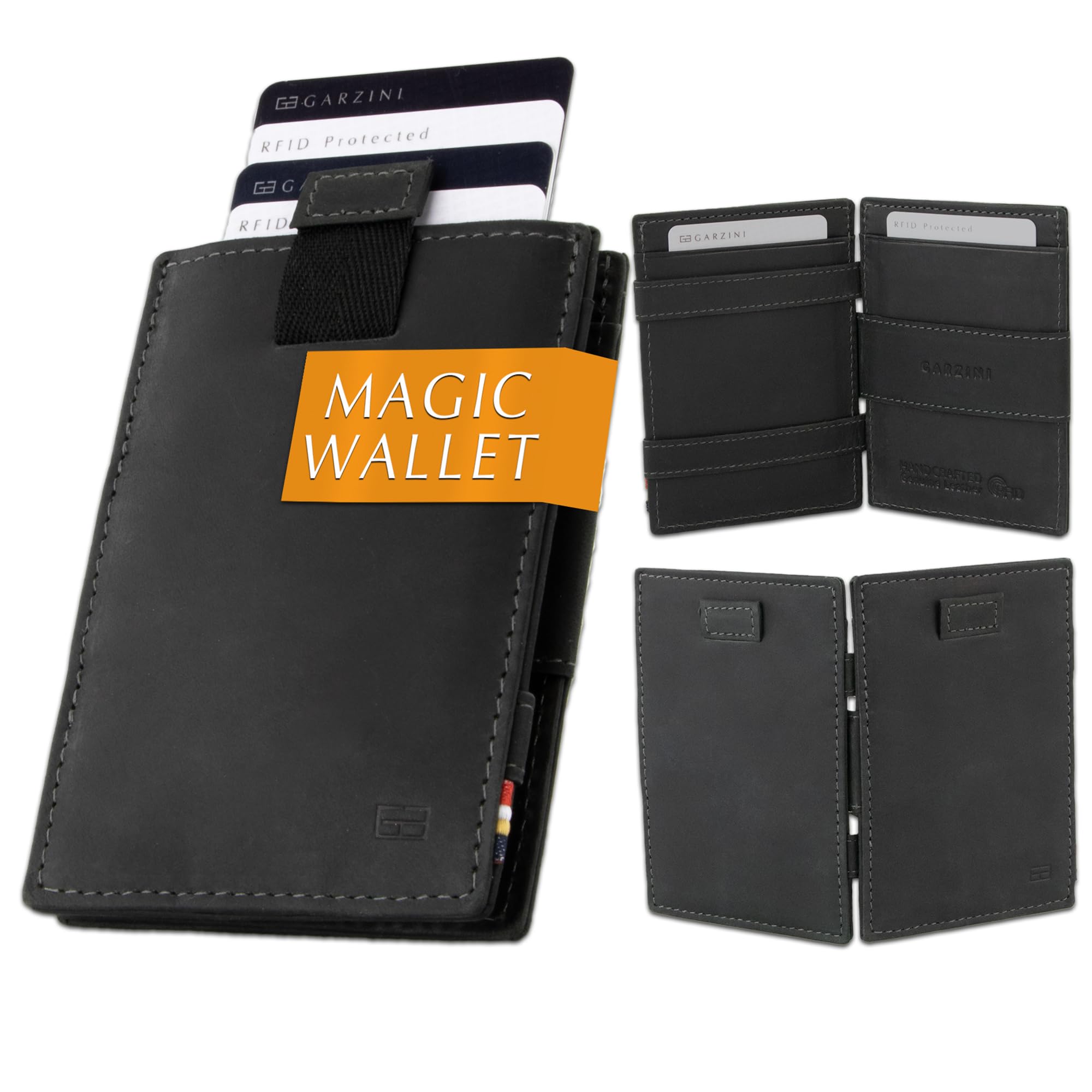 GARZINI Magic Wallet with Pull-Tab, Minimalist Wallet with RFID card holder, Leather Wallet for 12 cards, Carbon Black