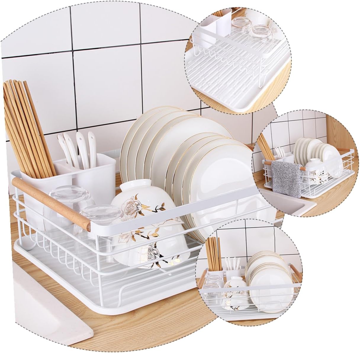 Multifunctional White Iron Dish Rack Tableware Storage Rack Kitchen Tool Holder Single Layer Sink Drying for Home Kitchen Organization