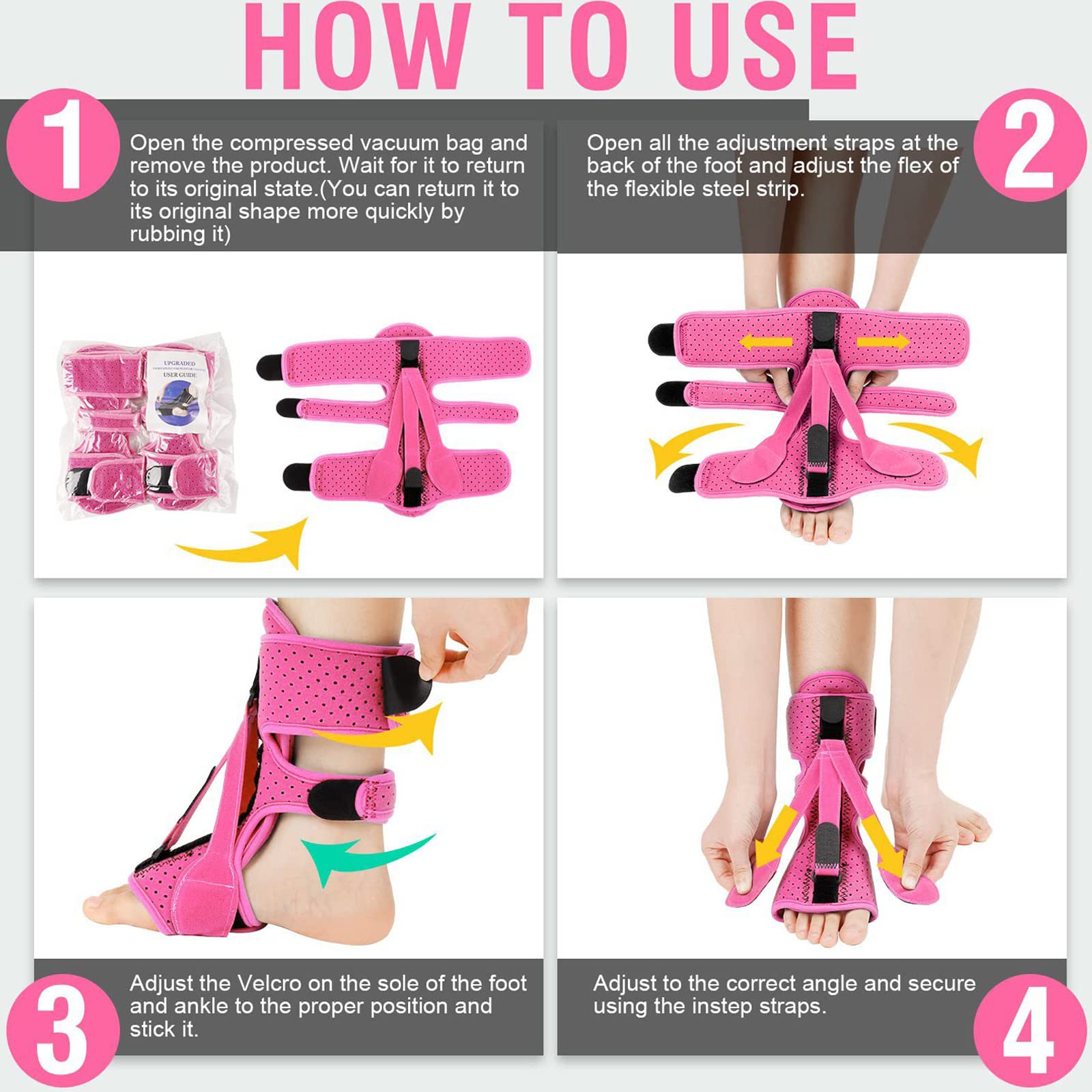 Attelle de Nuit Plantar Fasciitis, Nouveau Avec 3 Attelles Ajustables Pour Fasciite Plantaire,Support de Fasciite Plantaire Respirant pour Pieds Plats, Talons, Cheville (Rose)