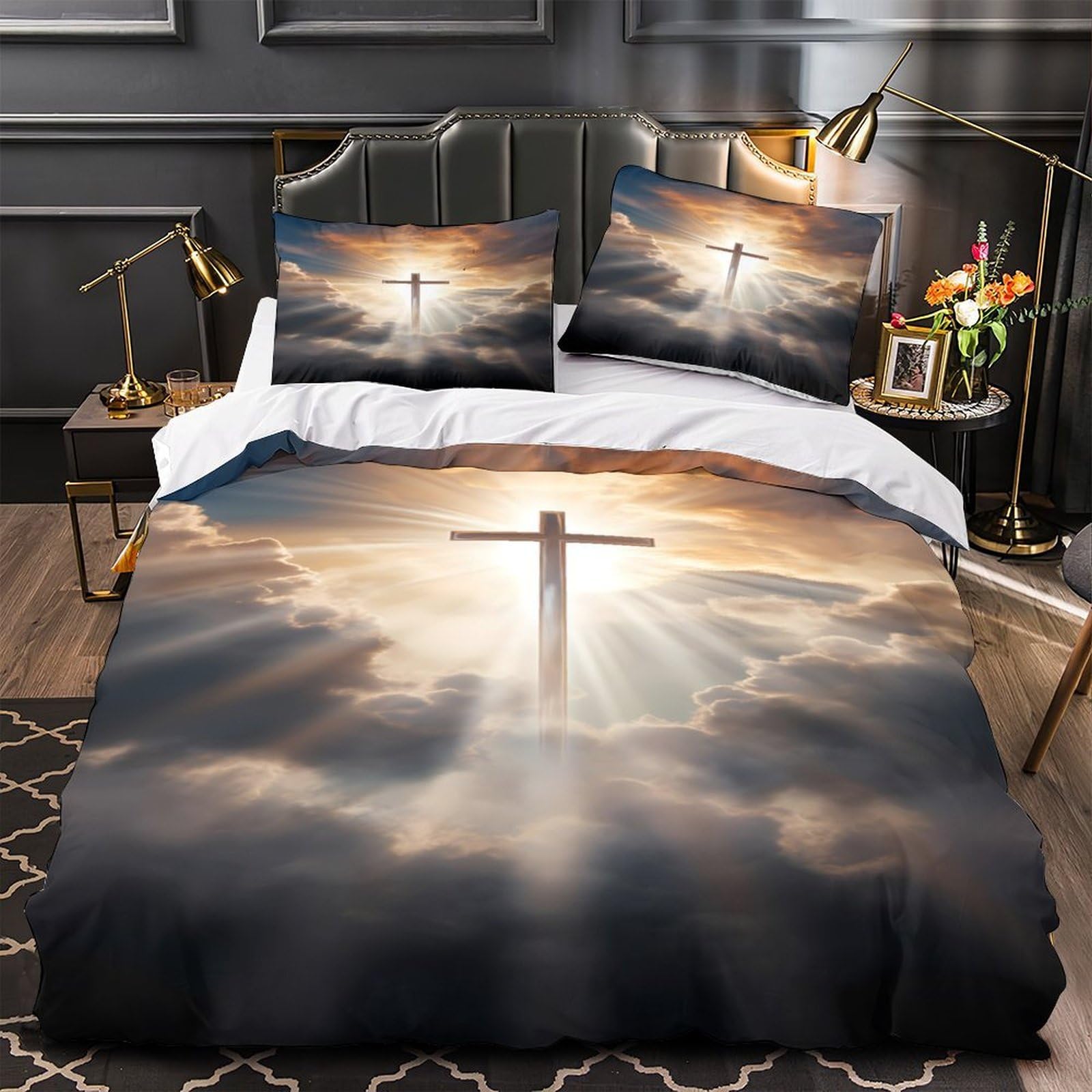 Housse de couette croix chrétienne 3D en microfibre premium résistante pour lit 1 personne
