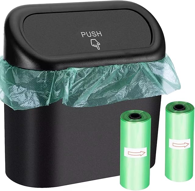 CityMoka Car Trash Can, Mini Car Bin with Lid 60pcs Trash Bag, Cute Car Accessories for Storage and OrganizationSmall Trash Can for KitchenBedroom and Office (Garbage bags color random)