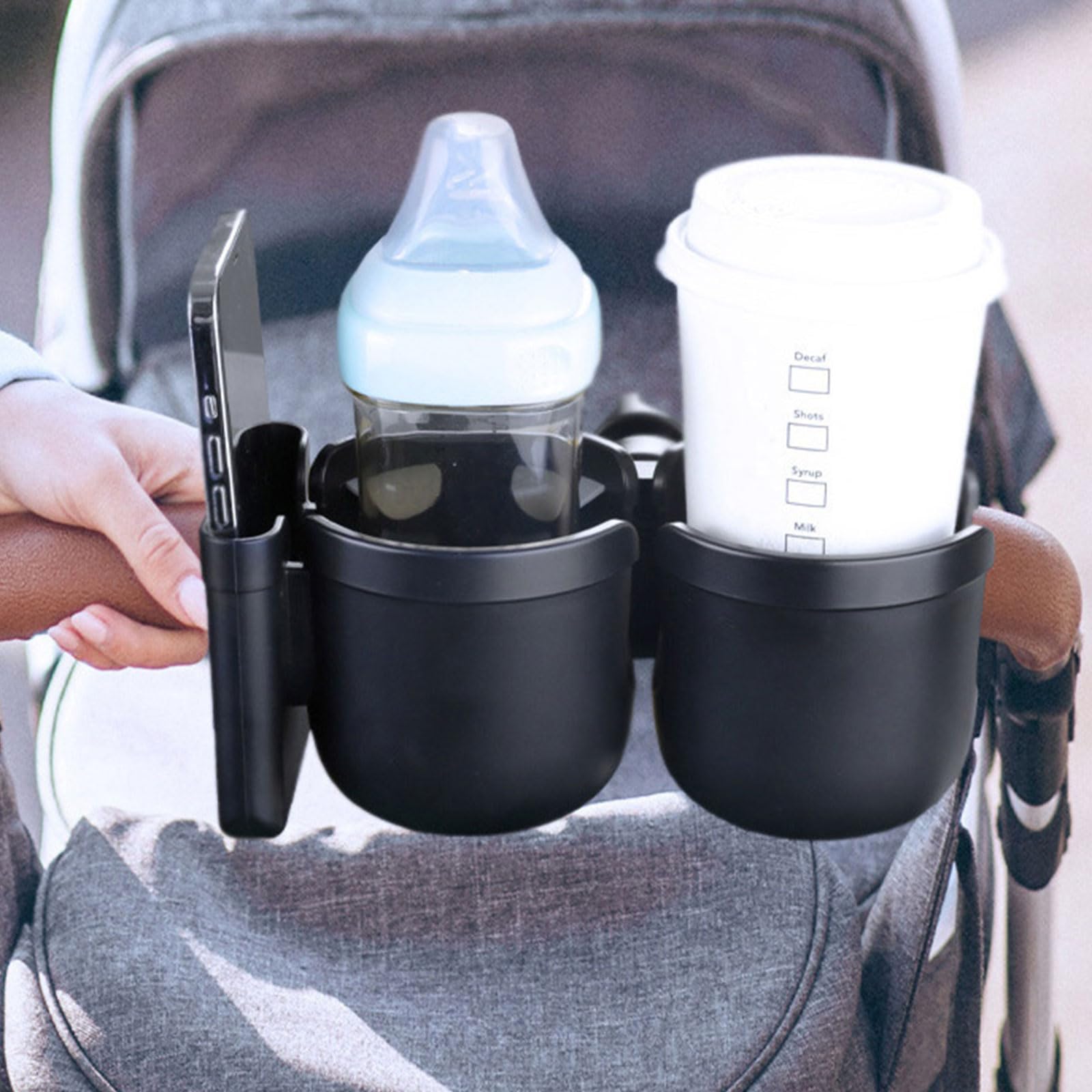 Getränkehalter für Kinderwagen, 360° drehbar, Doppel-Flaschen-Organizer mit Handy für Rollstuhl, Walker, Handy für Kinderwagen