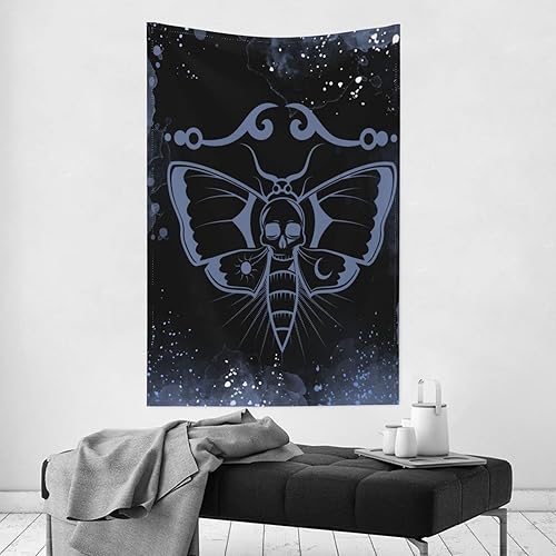 Miniatura 3 de Tapiz de calavera de 60 x 51 pulgadas, tapiz de calavera de mariposa para dormitorio, tapiz de pared de esqueleto negro, decoración de terror,