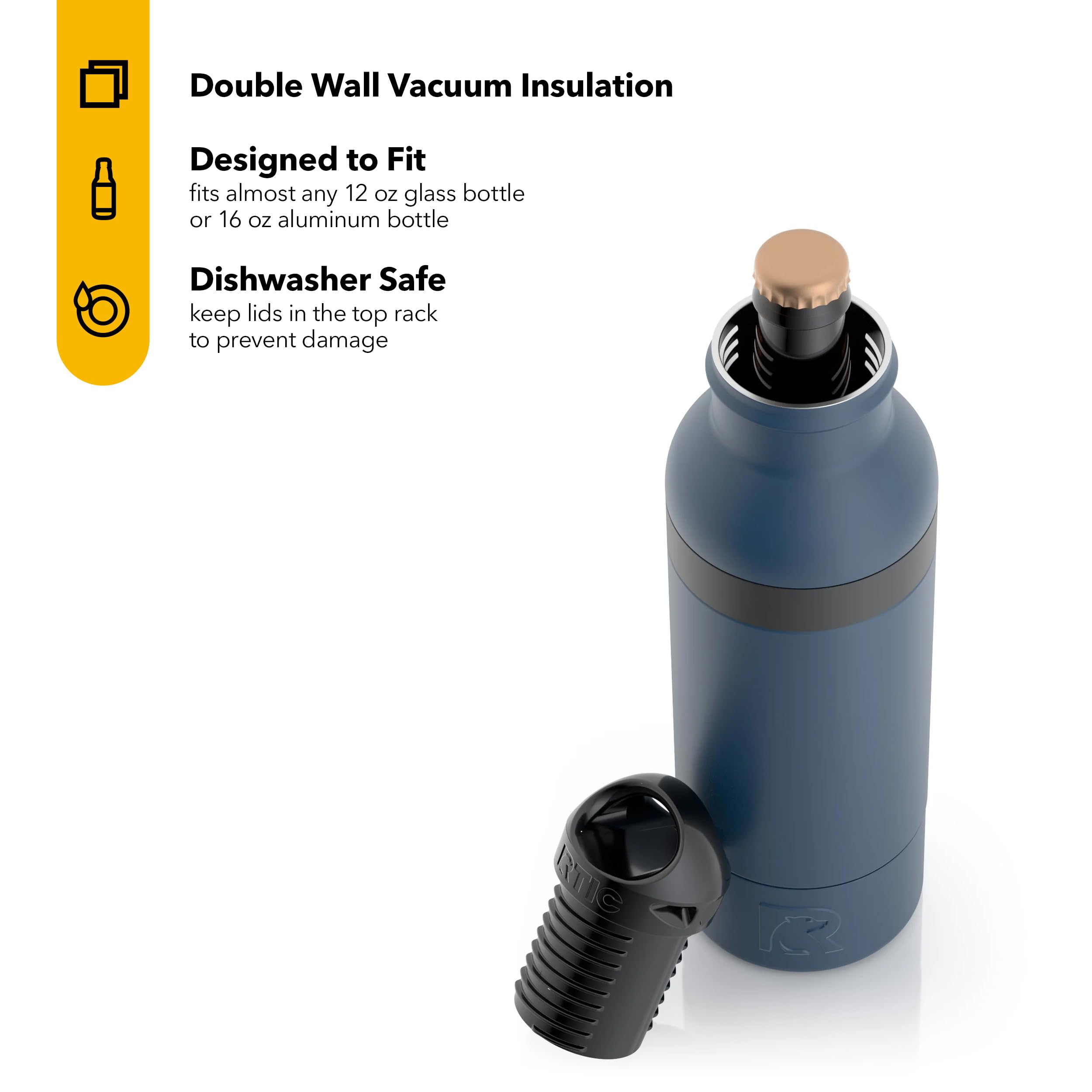RTIC Bottle Chiller, Insulated Cooler for 12oz Glass Soda or 16oz Aluminum Bottles, Double Wall Vacuum Insulation, Stainless Steel, Sweat Proof with Bottle Opener, Navy