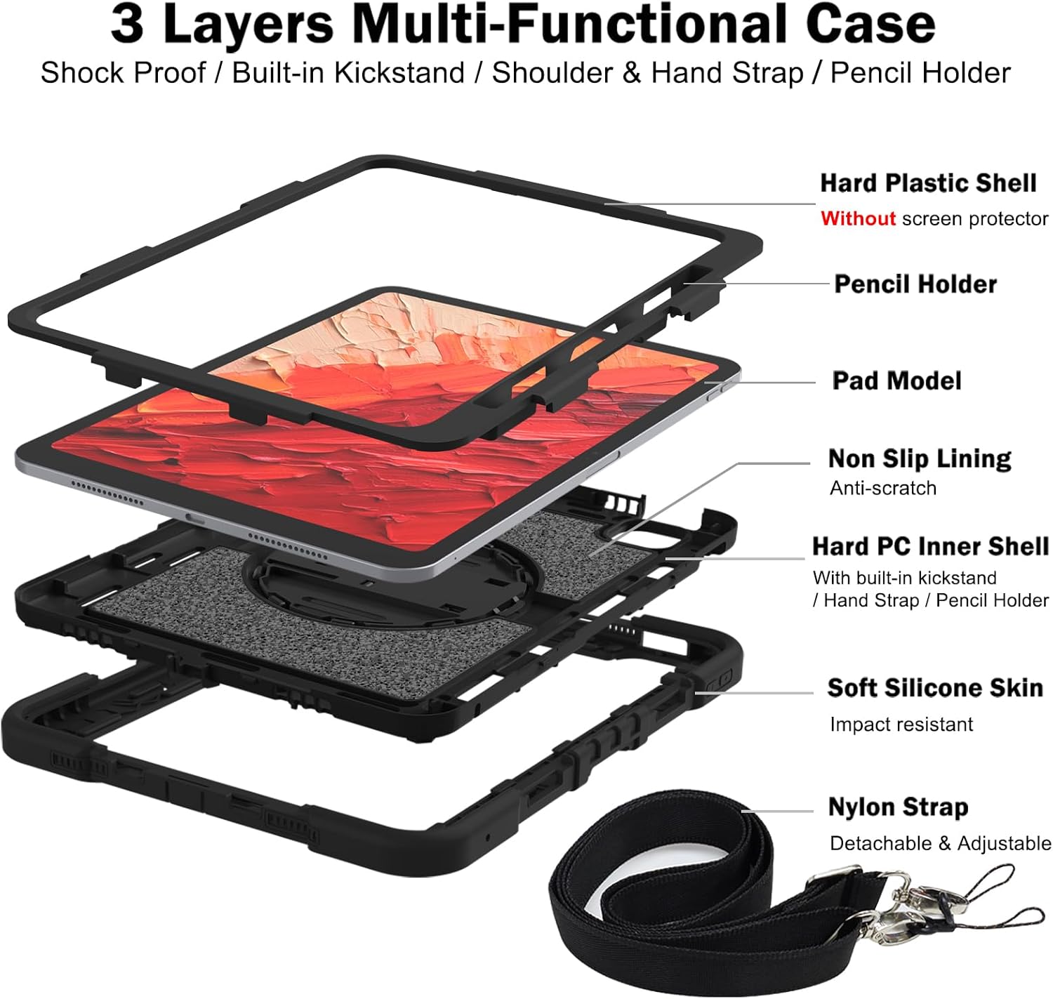 Tablet Case Compatible with iPad Pro 11 Inch Case M4 2024 5th Generation,Heavy Duty Shockproof Rugged Protection Case with Shoulder Strap Rotating Kickstand+Pencil Holder(Black)