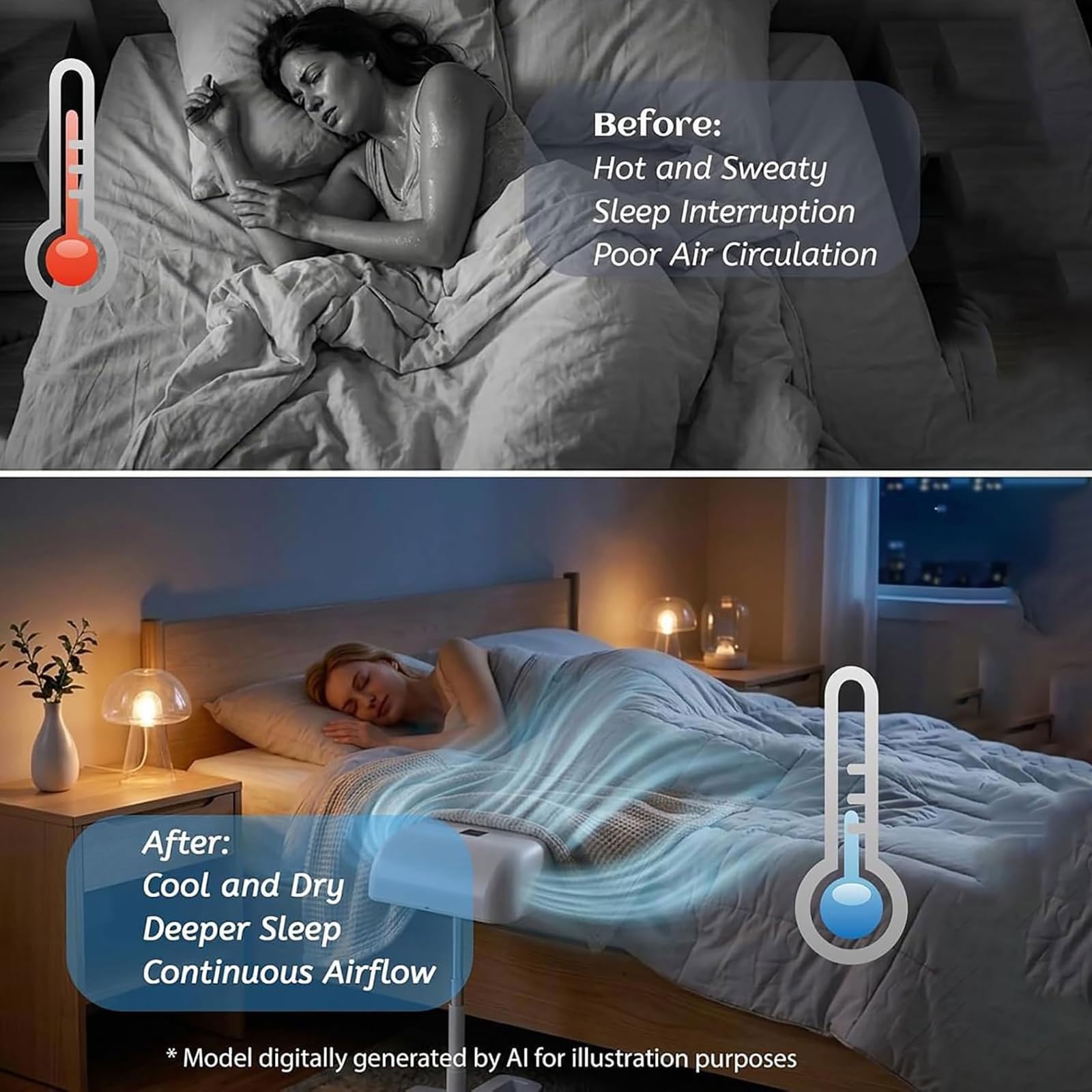 Ventola Raffreddamento sotto Il Lenzuolo, 5 velocità Regolabili e | Di raffreddamento del letto, altezza regolabile 22 a 53 cm, adatto a tutte le altezze di materasso, for chi ha il sonno caldo