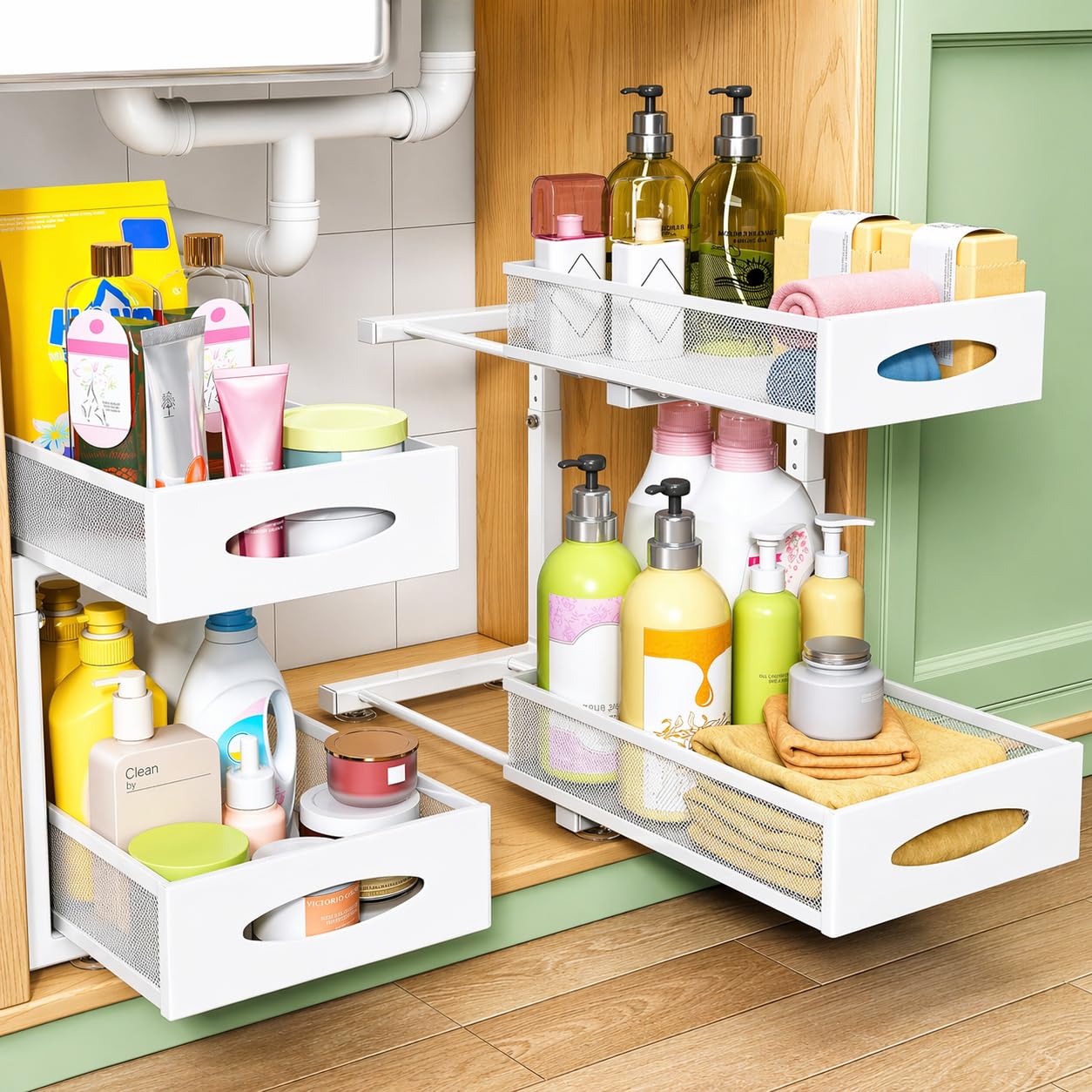 MARFRAND Organizador Bajo Fregadero. Organizador Armario Cocina. Bandeja Extraible Armario. Con accesorios anti vuelco. Incluye Colgador para Esponja de Cocina para Fregadero.