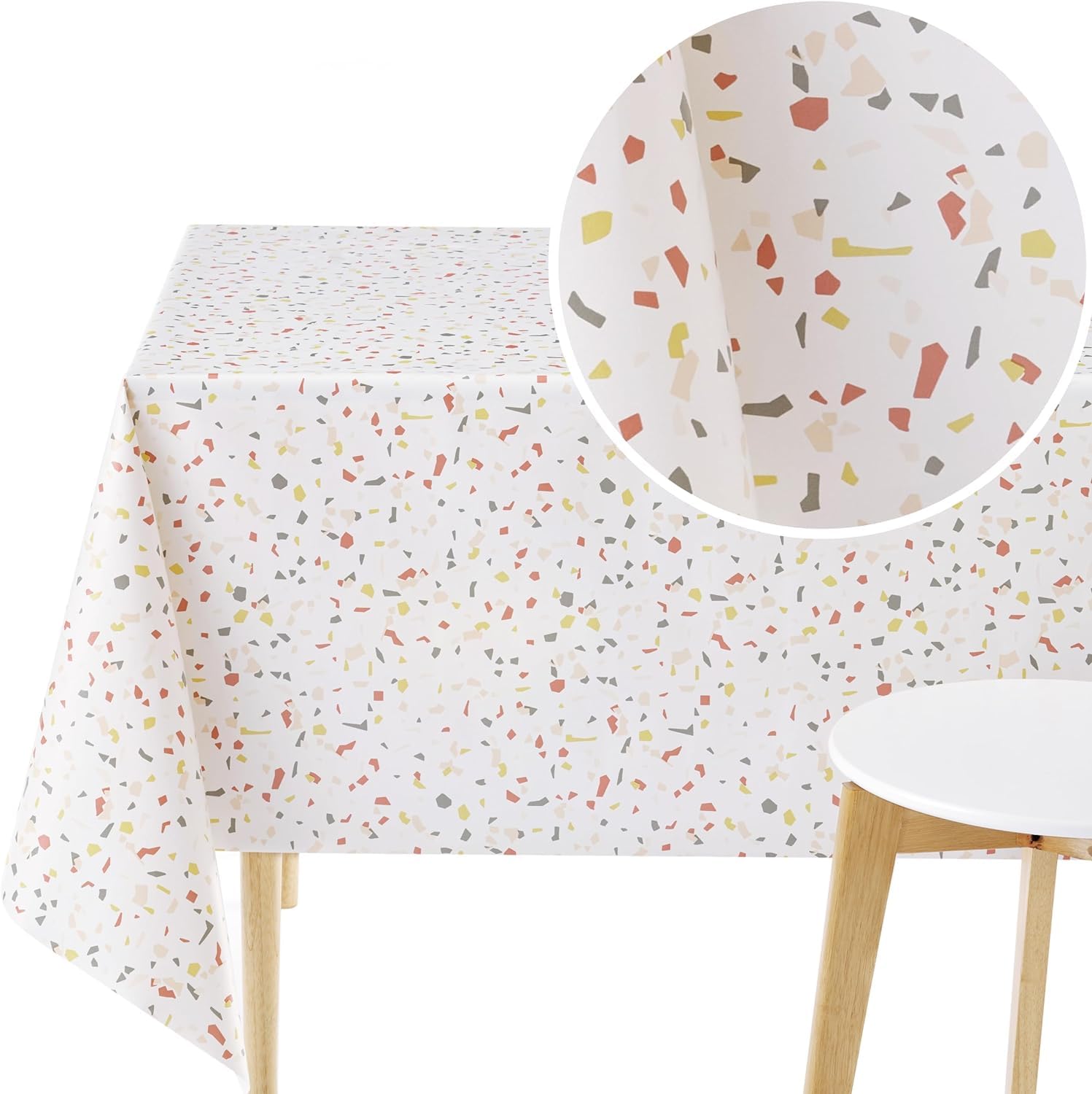 Kp Home White Pvc Wipe Clean Tablecloth - Square Oilcloth 55 X 55 In | 140 X 140 Cm - Terrazzo Pattern Plastic Table Cloth Wipeable - Vinyl Oil Cloth Dinning Waterproof Table Cover In Cream