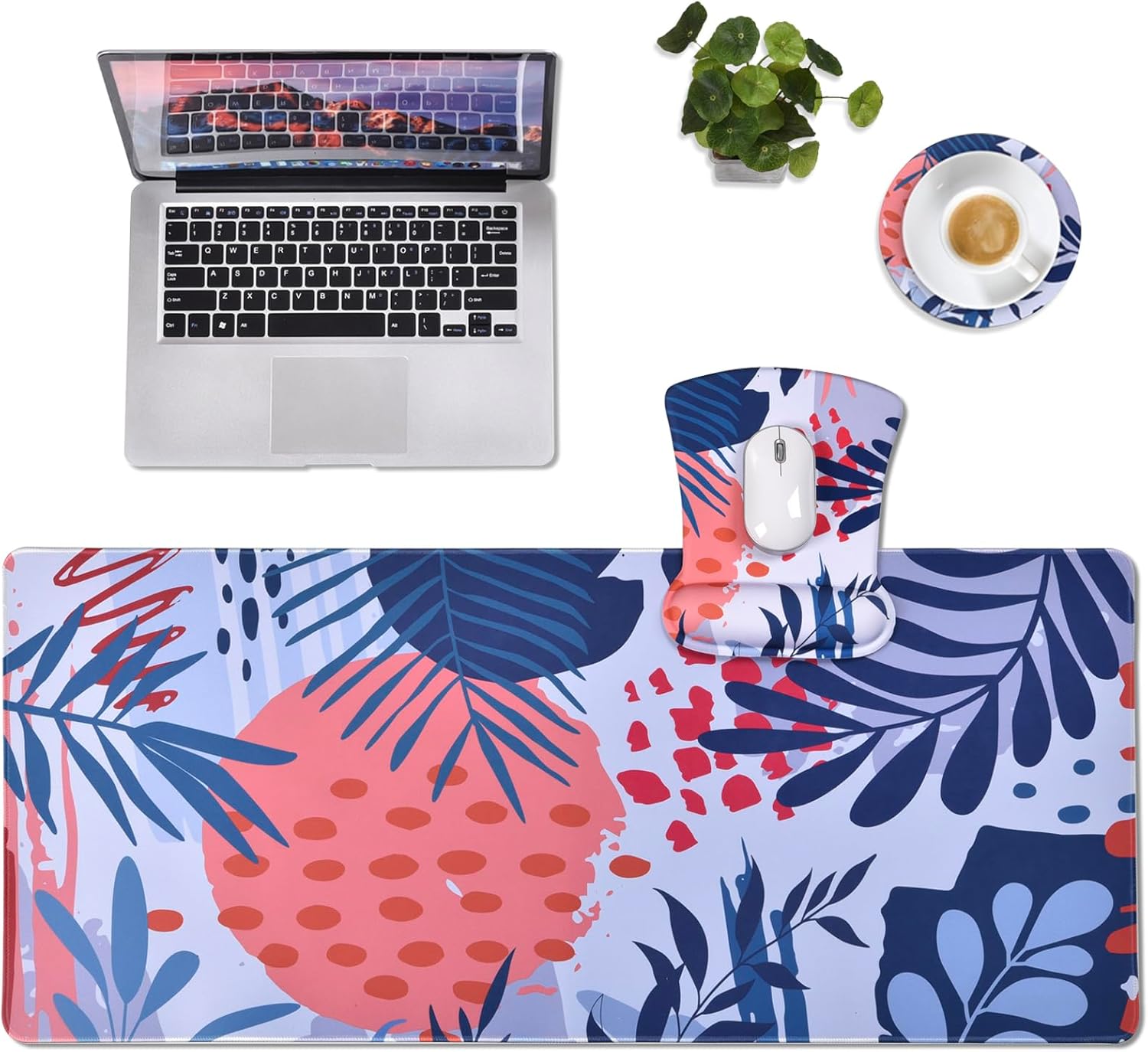 MEGREZ Keyboard Wrist Rest, Ergonomic Mouse Pad with Wrist Rest, Keyboard and Mouse pad Set, Extended Desk Mat Set for Gaming Home & Office, Mouse Pad Relieve Pain, Tropical Leaves