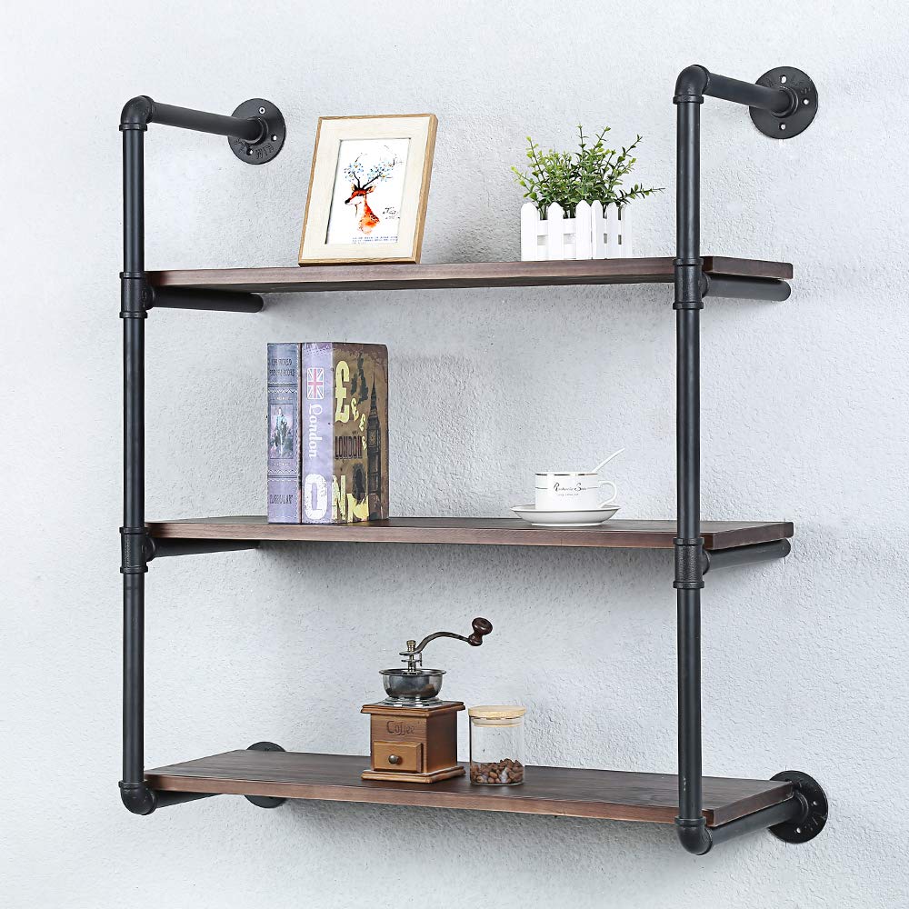 Industrial Pipe Shelving Wall Mounted,30in Rustic Metal Floating Shelves,Steampunk Real Wood Book Shelves,Wall Shelf Unit Bookshelf Hanging Wall Shelves,Farmhouse Kitchen Bar Shelving(3 Tier)