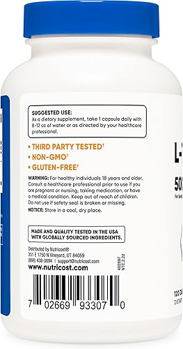 Miniatura 15 de Nutricost L-triptófano 500 mg, 120 cápsulas - con bioperina, sin gluten, sin OMG