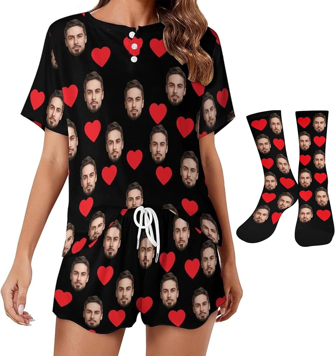 Artsadd Custom Short Pajamas Set With Photo, Women Personalized Lounge Set, Funny Face Printed Sleepwear, Soft Tracksuit Gift