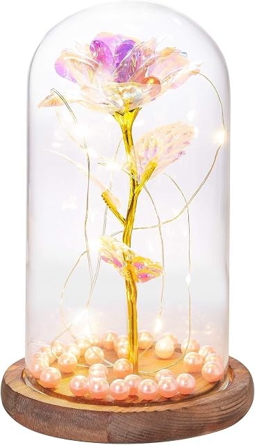 GloBrite Colorful Gold Foil Galaxy Enchanted Rose with LED Lights Pine Base in Glass Dome - Romantic Home Decor for Christmas Gift, Wedding, Anniversary, Mother's Day, Birthday